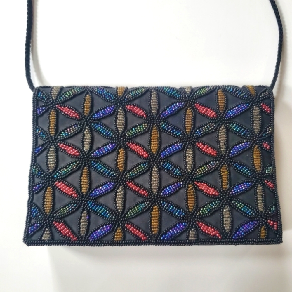 Beaded Geometric Pattern Dressy Purse Evening Bag Black and Jewel Tones. - Picture 1 of 10